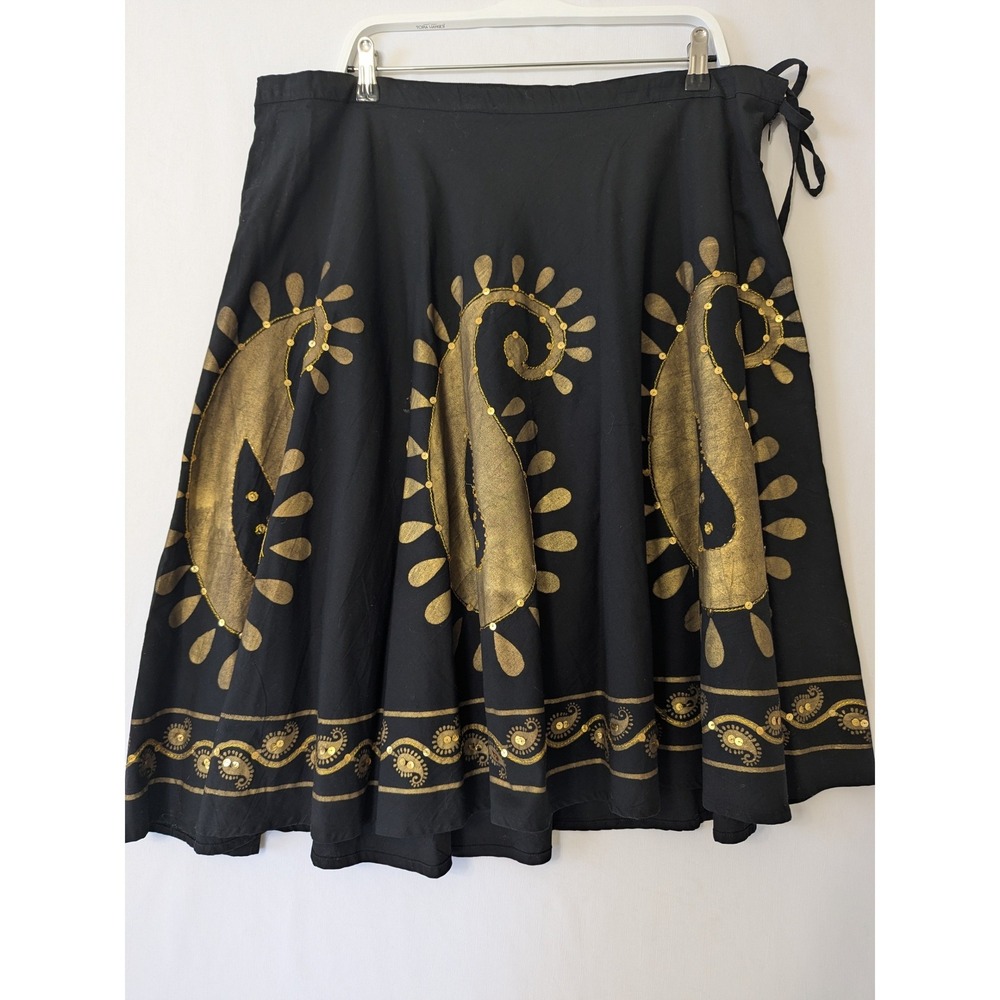 Ashro Paisley Sequin Skirt Womens XL Black Gold Cotton Boho Gypsy Midi Flare - Picture 2 of 8